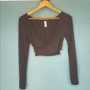 aerie Black Long-Sleeve Cropped Wrap Top